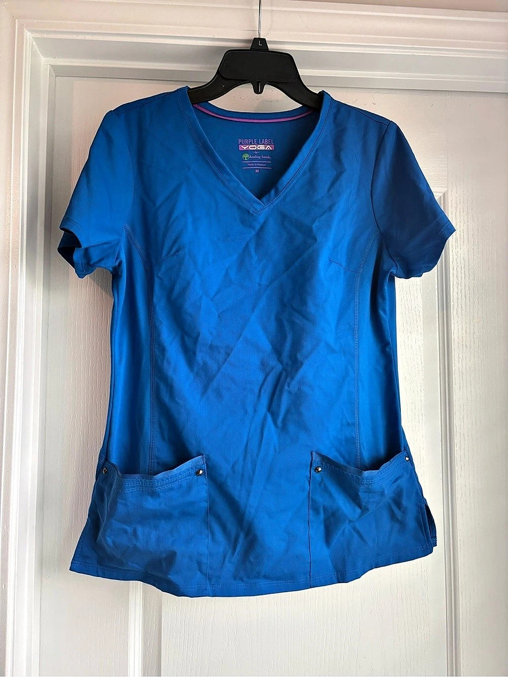 Purple Label Yoga by Healing Hands Women's V-Neck Scrub Top in Blue Size Medium
